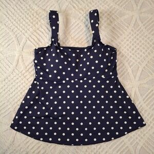 Lands End Medium 10/12 Navy Blue White Polka Dot Tankini Swim Top Padded Straps